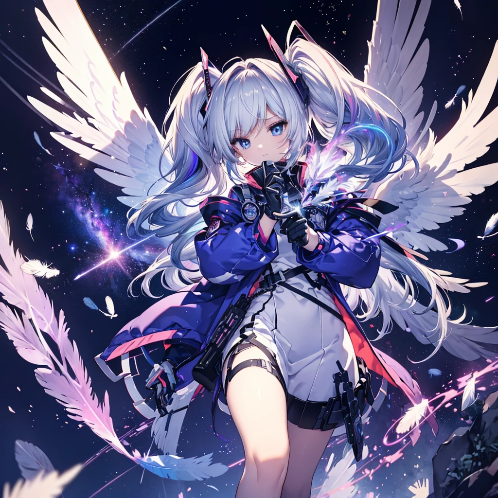 ((Archangel Fantasy Rainbow Hair Make your hair rainbow-colored on the inside Twin tails Dull blue eyes)) ((Has a galaxy uniform Put on a coat without putting your arms through it)) (((Wings many times larger than mine Gradient Feathers Glass Feather))) Pillar of Light cyber punk Smiling Kindly front)) ((tears gloves)) (Broken glass Rolling Pebbles Distorted Space-Time star) Catch the wind milky way Shining Background Particles of light rainbow colored edges Shining Edge star