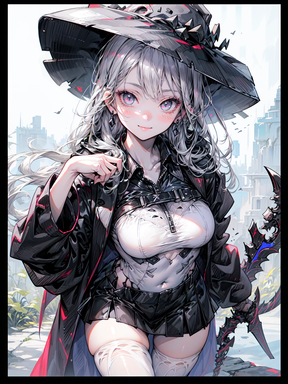 (masterpiece:1.2, Highest quality), (Realistic, photoRealistic:1.4), Beautiful illustrations, (Natural Side Lighting, Cinema Lighting), Looking at the audience, Cowboy Shot、 (Front view), (One Girl:1.8), Perfect Face, Symmetrical cute face, Shiny skin, Baby Face, Long eyelashes, Big Breasts,Beautiful Hair, Beautiful Face, Beautiful and beautiful eyes, Beautiful body, Beautiful breasts, Beautiful thighs, Beautiful legs, Beautiful fingers,(Beautiful views),(かわいいsmile:1.2, Upward glance),(Grim Reaper Robe:1.5), (White cropped style), (black and white border tights:1.5), (Zettairyouiki), (mini skirt), 赤いeye shadow, eyeliner, (Sickle: 1.2),Organic Armor Cyborg、Machine Armor、Armor Texture、Blake、（Dark Elf), (1 Girl), alone, 優しいsmile、Perfect Face, Get used to it, Ahoge, ((Long Hair:1.2)), [[Messy Hair]], Shiny blonde white hair, Purple eyes, Variegated eyes, Colorful Hair, Shining Eyes, (eyelash, eye shadow, pink eye shadow), bright, smile, Design Art：Haruhiko Mikimoto, by Kawashi, by Yoshitaka Amano, （Dark brown skin）
