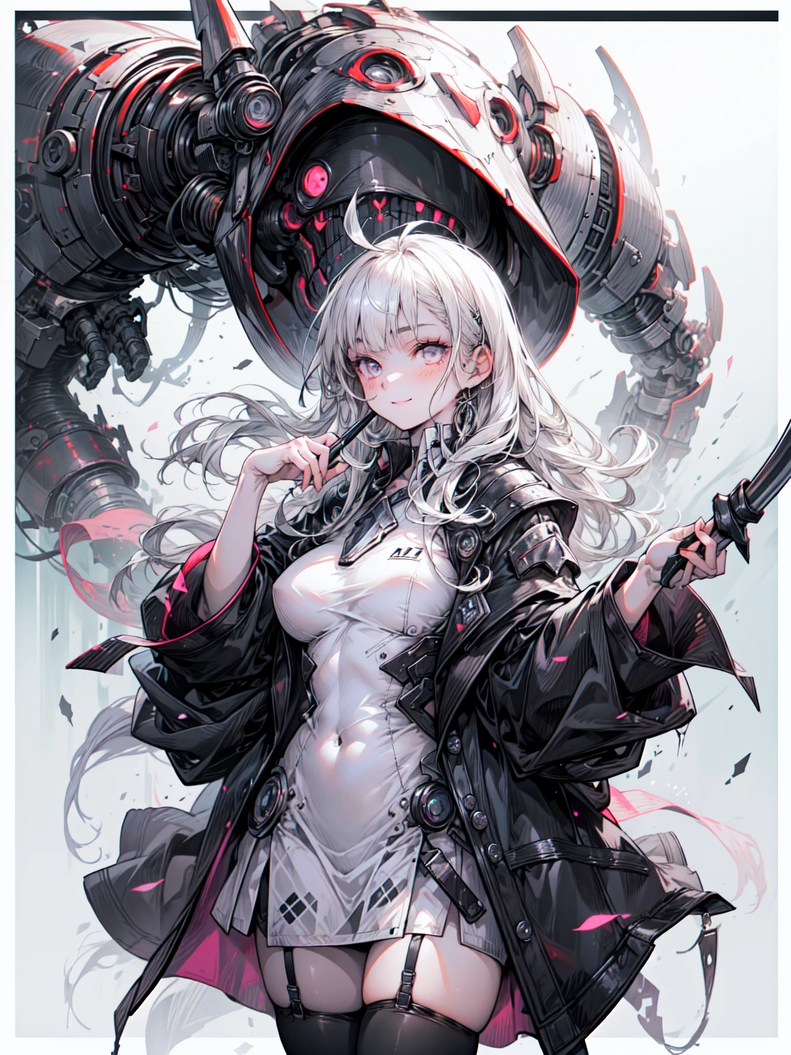 (masterpiece:1.2, Highest quality), (Realistic, photoRealistic:1.4), Beautiful illustrations, (Natural Side Lighting, Cinema Lighting), Looking at the audience, Cowboy Shot、 (Front view), (One Girl:1.8), Perfect Face, Symmetrical cute face, Shiny skin, Baby Face, Long eyelashes, Big Breasts,Beautiful Hair, Beautiful Face, Beautiful and beautiful eyes, Beautiful body, Beautiful breasts, Beautiful thighs, Beautiful legs, Beautiful fingers,(Beautiful views),(かわいいsmile:1.2, Upward glance),(Grim Reaper Robe:1.5), (White cropped style), (black and white border tights:1.5), (Zettairyouiki), (mini skirt), 赤いeye shadow, eyeliner, (Sickle: 1.2),Organic Armor Cyborg、Machine Armor、Armor Texture、Blake、（Dark Elf), (1 Girl), alone, 優しいsmile、Perfect Face, Get used to it, Ahoge, ((Long Hair:1.2)), [[Messy Hair]], Shiny blonde white hair, Purple eyes, Variegated eyes, Colorful Hair, Shining Eyes, (eyelash, eye shadow, pink eye shadow), bright, smile, Design Art：Haruhiko Mikimoto, by Kawashi, by Yoshitaka Amano, （Dark brown skin）
