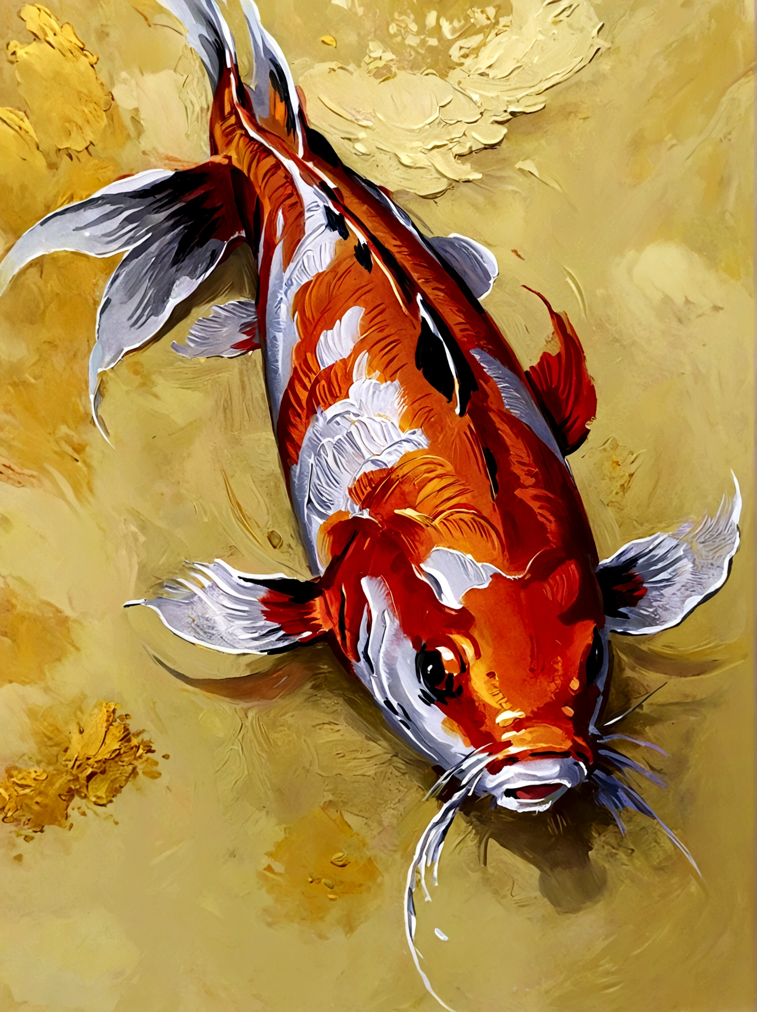 A koi fish,Color portrait,vanilla,bright,Golden background,real,emotion,Thick textured paint,