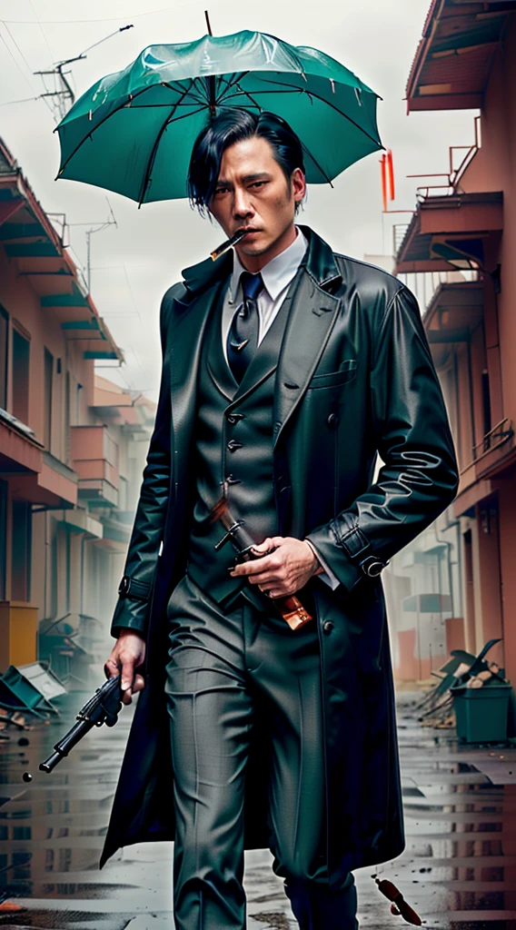 Highest quality, movie quality, scene on the verge of death, ruins, smoking, blood, coat, man (35 years old, tsuntsun head, black hair, coat in a suit, holding a gun in hand, lying on back), rain, fog