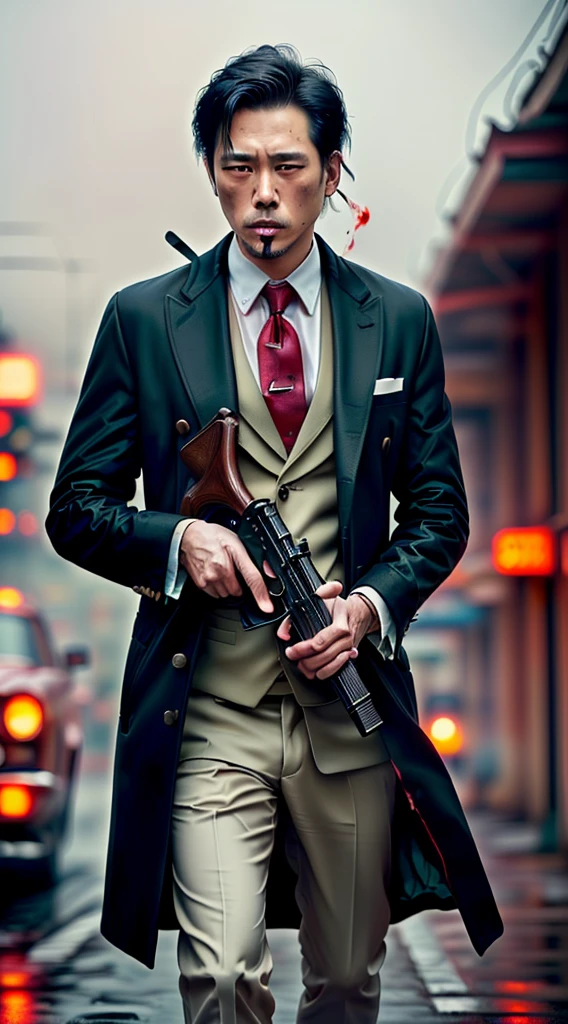 Highest quality, movie quality, scene on the verge of death, ruins, smoking, blood, coat, man (35 years old, tsuntsun head, black hair, coat in a suit, holding a gun in hand, lying on back), rain, fog