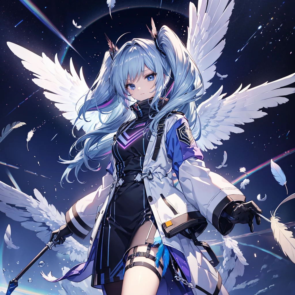 ((Archangel Fantasy Rainbow Hair Make your hair rainbow-colored on the inside Twin tails Dull blue eyes)) ((Has a galaxy uniform Put on a coat without putting your arms through it)) (((Wings many times larger than mine Gradient Feathers Glass Feather))) Pillar of Light cyber punk Smiling Kindly front)) ((tears gloves)) (Broken glass Rolling Pebbles Distorted Space-Time star) Catch the wind milky way Shining Background Particles of light rainbow colored edges Shining Edge star