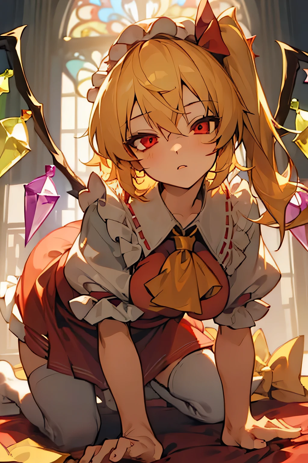 (masterpiece),best quality, expressive eyes, perfect face, 1girl,
big breast, H-cup, good breast, beautiful, gorgeous,anime,girl,lora,  flandre scarlet,
1girl,blonde hair,mob cap,hair bow,bowtie,side ponytail,wings,short sleeves,vest,ascot,on all fours