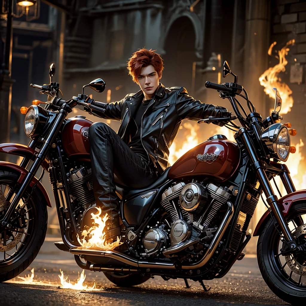 A handsome young man with fiery hair, riding a chopper motorcycle and emitting a sacred flame, set against a dramatic "wall of death" background, highly detailed realistic face with beautiful eyes, long and detailed lips, detailed skin and outfit, detailed motorcycle, dramatic lighting, cinematic composition, 8k, high quality, photorealistic, hyper detailed, vibrant colors, fantasy, mystical, magical realism