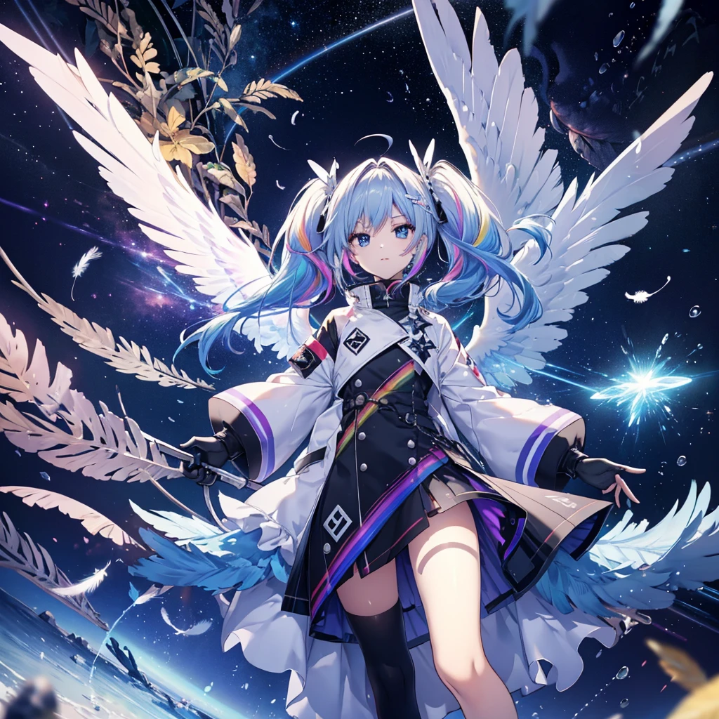 ((Archangel Fantasy Rainbow Hair Make your hair rainbow-colored on the inside Twin tails Dull blue eyes)) ((Has a galaxy uniform Put on a coat without putting your arms through it)) (((Wings many times larger than mine rainbow gradient feathers Glass Feather))) Pillar of Light cyber punk Smiling Kindly front)) ((tears gloves)) (Broken glass Rolling Pebbles Distorted Space-Time star) Catch the wind milky way Shining Background Particles of light rainbow colored edges Shining Edge star