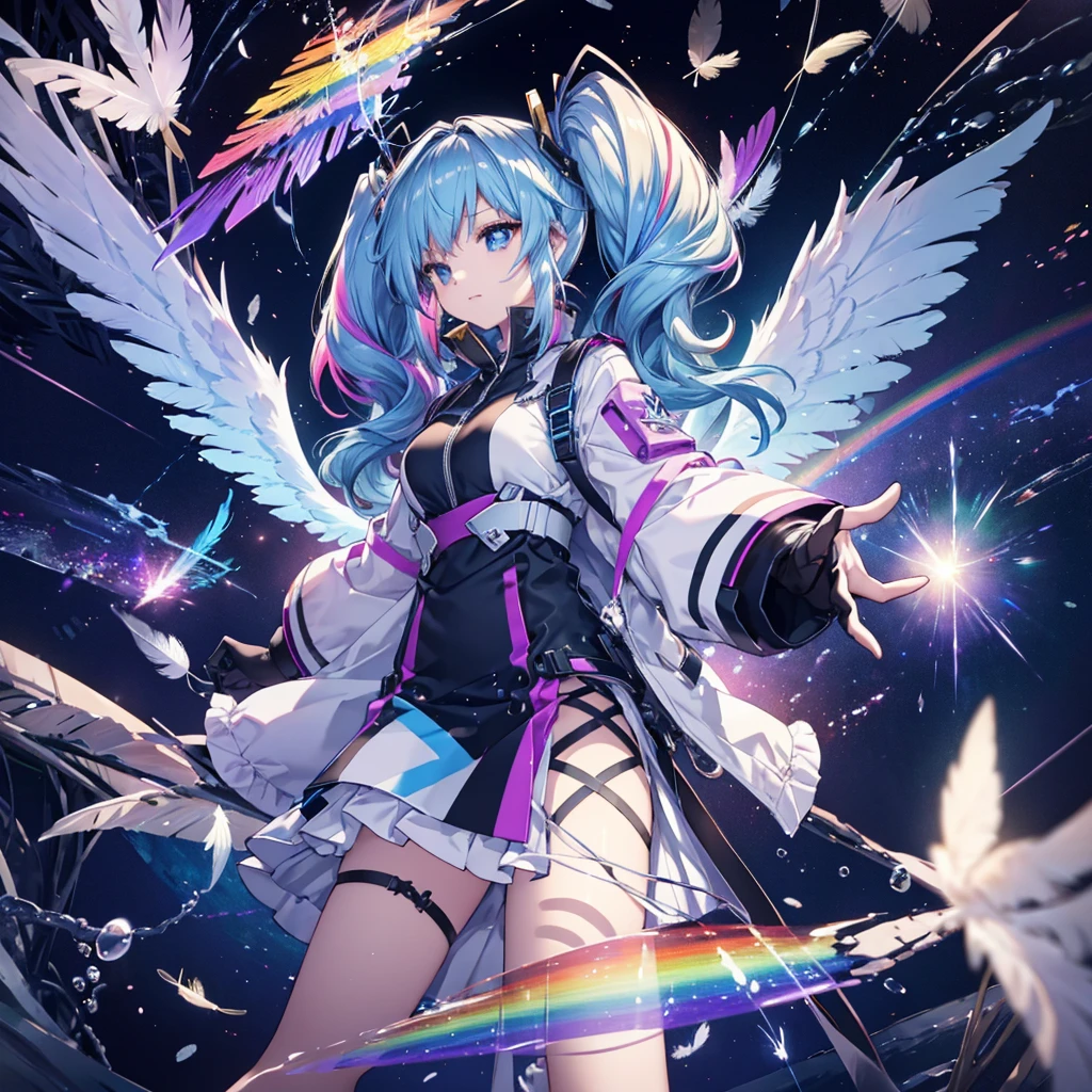 ((Archangel　Fantasy　Rainbow Hair　Make your hair rainbow-colored on the inside　Twin tails　Dull blue eyes))　((Has a galaxy　uniform　Put on a coat without putting your arms through it))　(((Wings many times larger than mine　rainbow gradient feathers　Glass Feather)))　Pillar of Light　cyber punk　Smiling Kindly　front))　((tears　gloves))　(Broken glass　Rolling Pebbles　Distorted Space-Time　star)　Catch the wind　milky way　Shining Background　Particles of light　rainbow colored edges　Shining Edge　star
