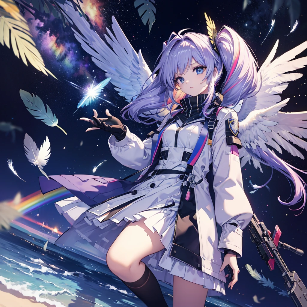 ((Archangel　Fantasy　Rainbow Hair　Make your hair rainbow-colored on the inside　Twin tails　Dull blue eyes))　((Has a galaxy　uniform　Put on a coat without putting your arms through it))　(((Wings many times larger than mine　rainbow gradient feathers　Glass Feather)))　Pillar of Light　cyber punk　Smiling Kindly　front))　((tears　gloves))　(Broken glass　Rolling Pebbles　Distorted Space-Time　star)　Catch the wind　milky way　Shining Background　Particles of light　rainbow colored edges　Shining Edge　star
