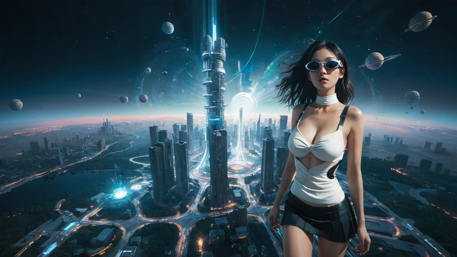 brightly colored abstract image of a space station with a spiral, epic beautiful space scifi, chaotic cinematic space rift, greg beeple, planets colliding, beeple and tim hildebrandt, beeple and jean giraud, end of the universe, galaxy space sci-fi, ringworld, by Mike "Beeple" Winkelmann. Matrix style, (((((Matrix cascading code))))), (((((a futuristic twin tower skyscraper with a unique twisted design))))), (((((OLED GUI interfaces in the building))))), at night, (((((1girl, solo))))), photo realistic, (((large-breast:1.2 slim body, cleavage))), (((off broken mini sling-shirt and black sling bra, extreamly short pleated miniskirt exposing panty))), (((((running pose))))), (((((((matrix style black micro sunglasses))))))), ((((((((((aiming with a short gun)))))))))), (((((looking at camera))))), (((very low view))), (((((half-body thigh level medium shot))))), (((cinematic lighting))).
