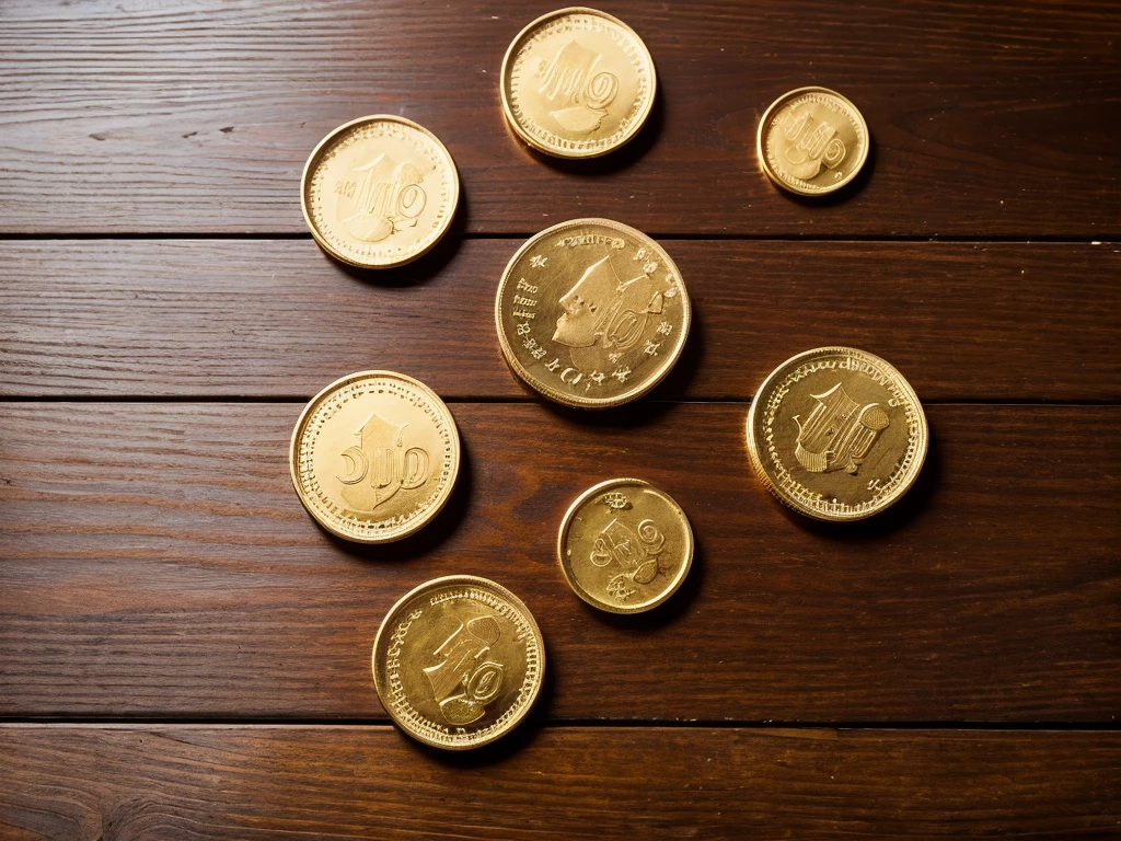((only 3 gold coins on the table)),The background is a wooden table, real picture,from above