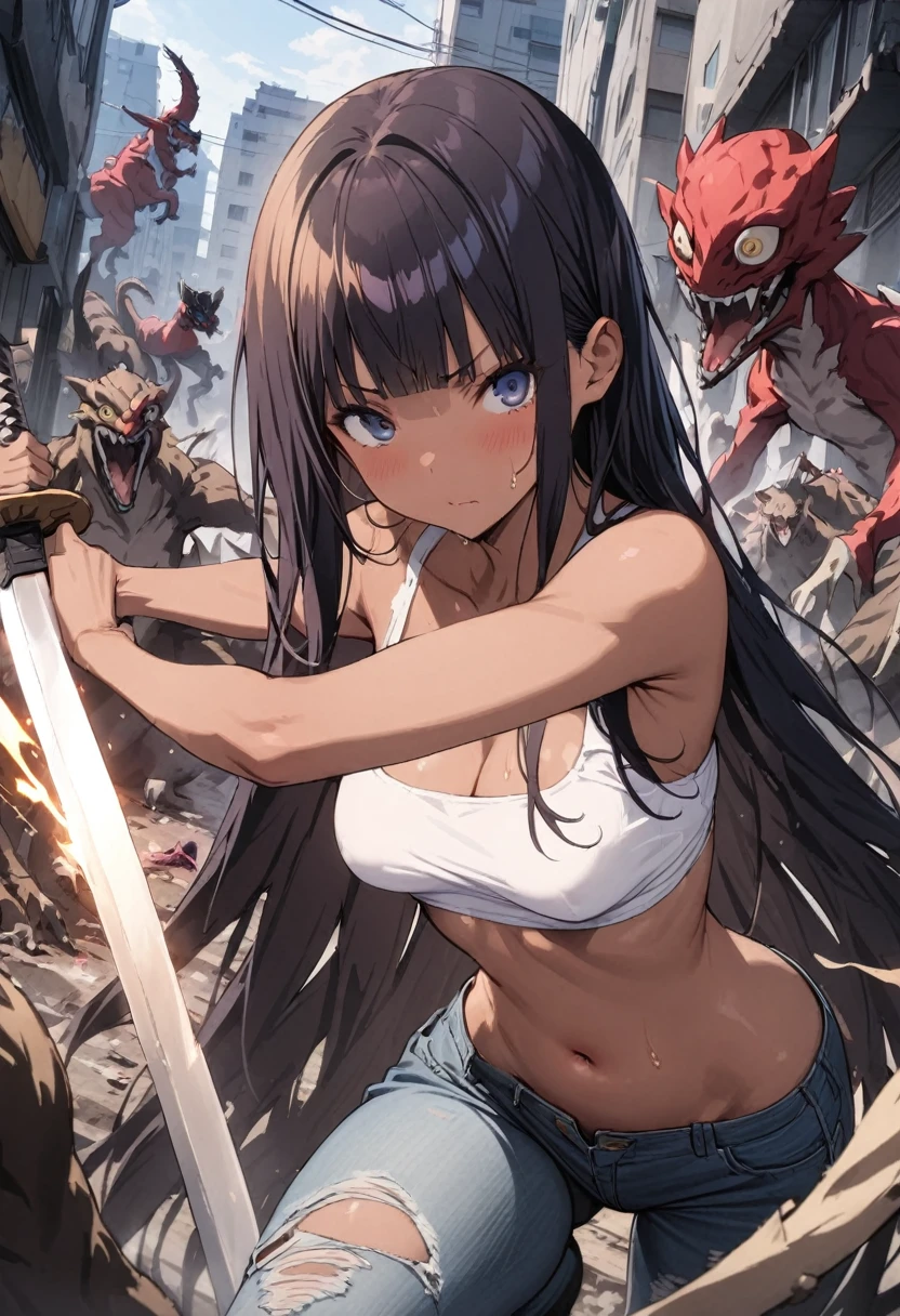 Many monsters attack、(((masterpiece, Highest quality:1.3,absurdres))),nsfw,25 year old beauty,solo,((very small head:1.3)),long hair,bangs,dark blue hair,dark blue eyes,gorgeous eyes,Serious expression、medium breasts,((very long body:1.2)),((toned body,slender body)),skinny,(tan skin),gleaming skin,shiny skin,sweat,((ripped jeans)),((White tube top,navel)),Japan holding a sword in both hands、Fighting stance with a Japanese sword,(Lots of monsters),Collapsed building,Tokyo、at night、