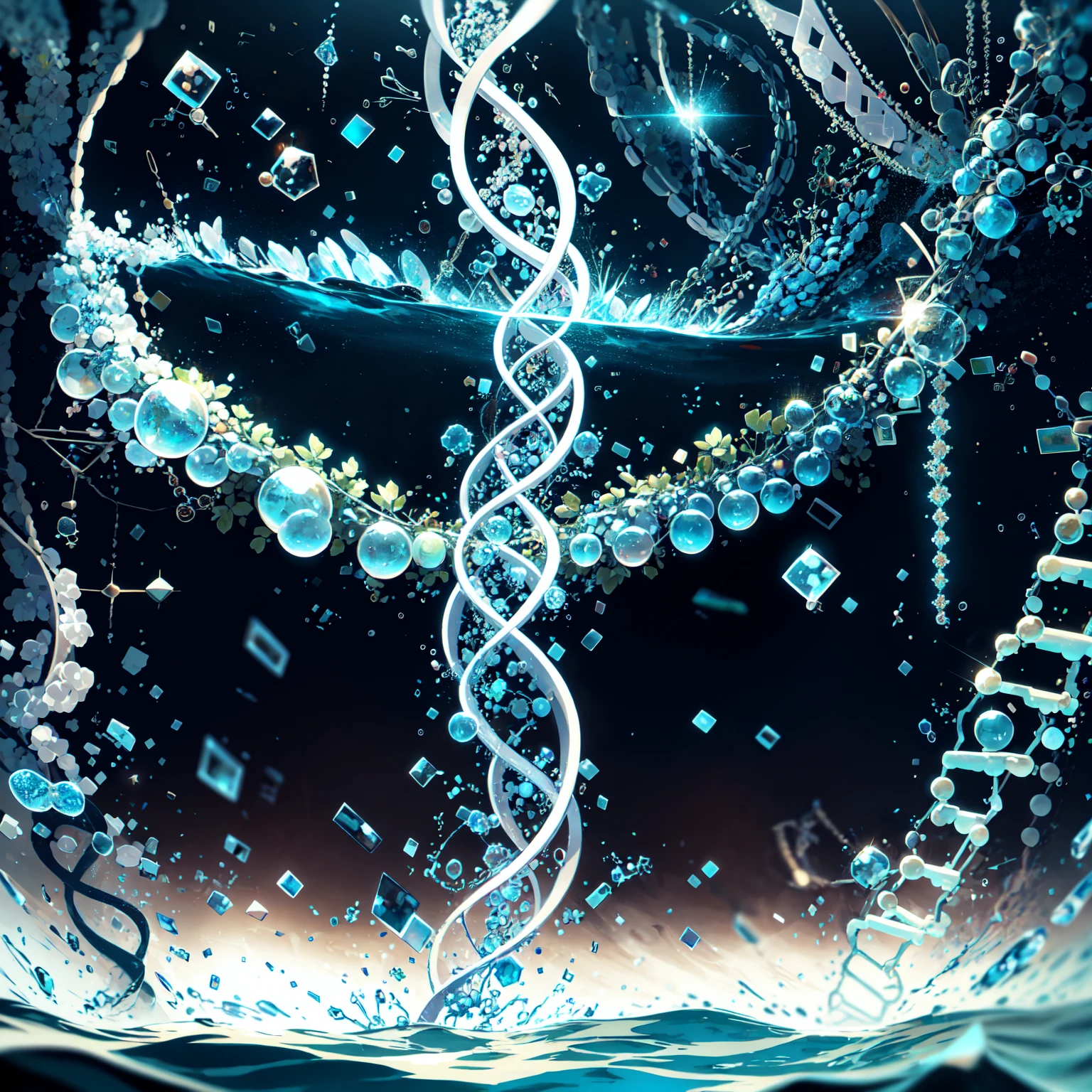 concept art, front cover, flat design, detailed beautiful DNA double helix in water, absurdres, best quality, bubbles, life, biology, molecule