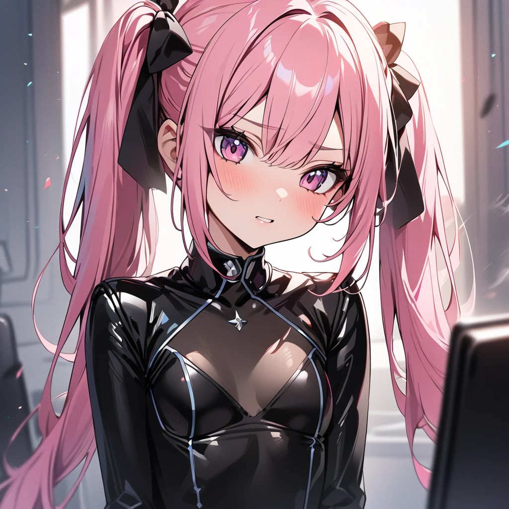 High quality, HD, 4k, Beautiful girl, pink hair, twintailed, small breast, black leather uniform
