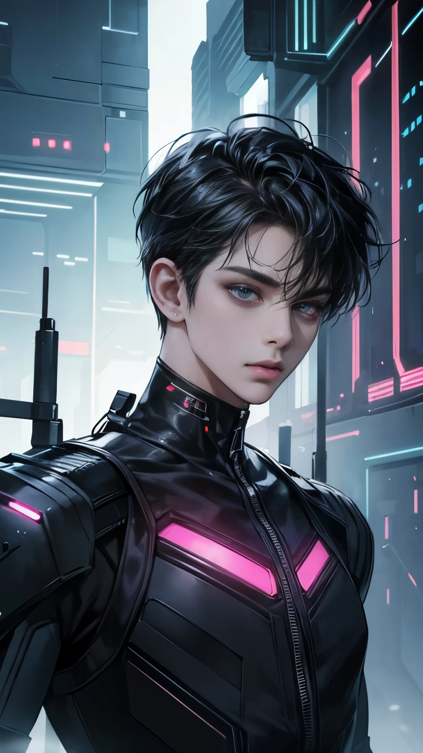 Masterpiece, ((Beautiful One Boy)), ((High resolution)), detailed, ((cyber punk)), Neon Buildings, Delicate depiction of hair, (good looking),  Nobody is here, Beautiful Nose, Beautiful black short hair