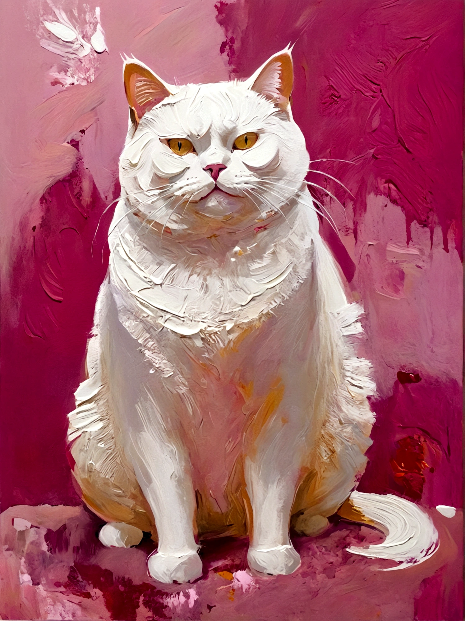 Fat Cat,whole body,bright,pink,White background,vanilla,cream,whiskey,Abstract Art,emotion,emotion,Thick textured paint,