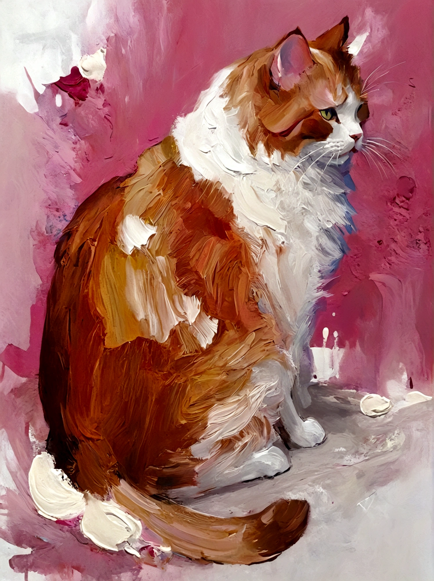 Fat Cat,whole body,bright,pink,White background,vanilla,cream,whiskey,Abstract Art,emotion,emotion,Thick textured paint,