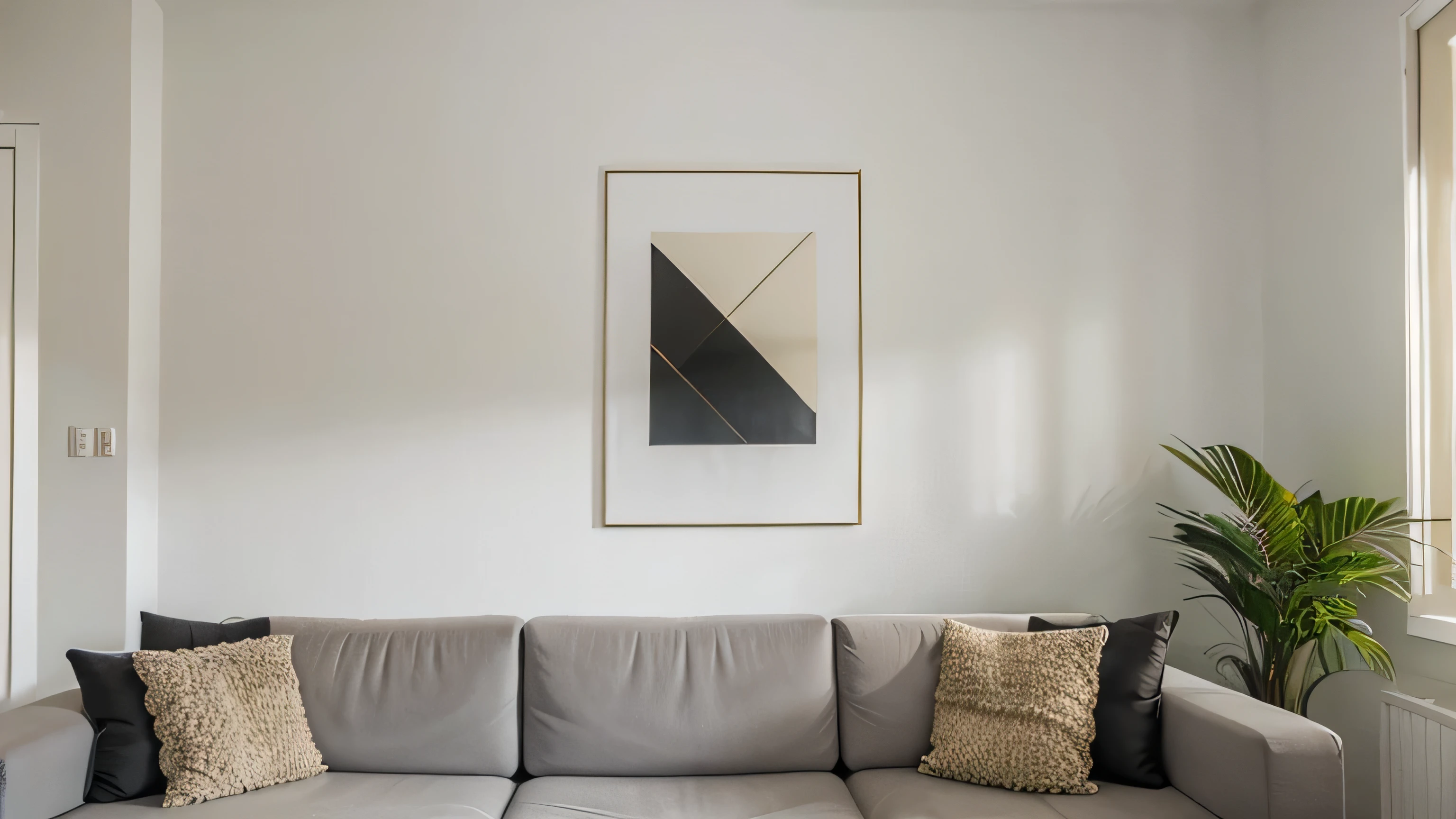Parede branca de uma sala ampla em uma casa de luxo. Sem quadros nem obras de arte. Minimalista. Vista frontal. Foto realista.