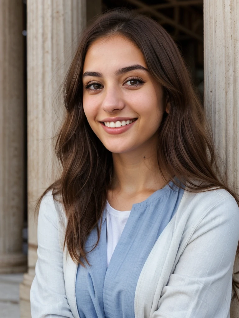 one cute women, 20YO, white, Arab, cute face, realistic brown eyes, blue jacket, brown hair, cute smile, skinny face, white realistic teethes, big eyes, long hair