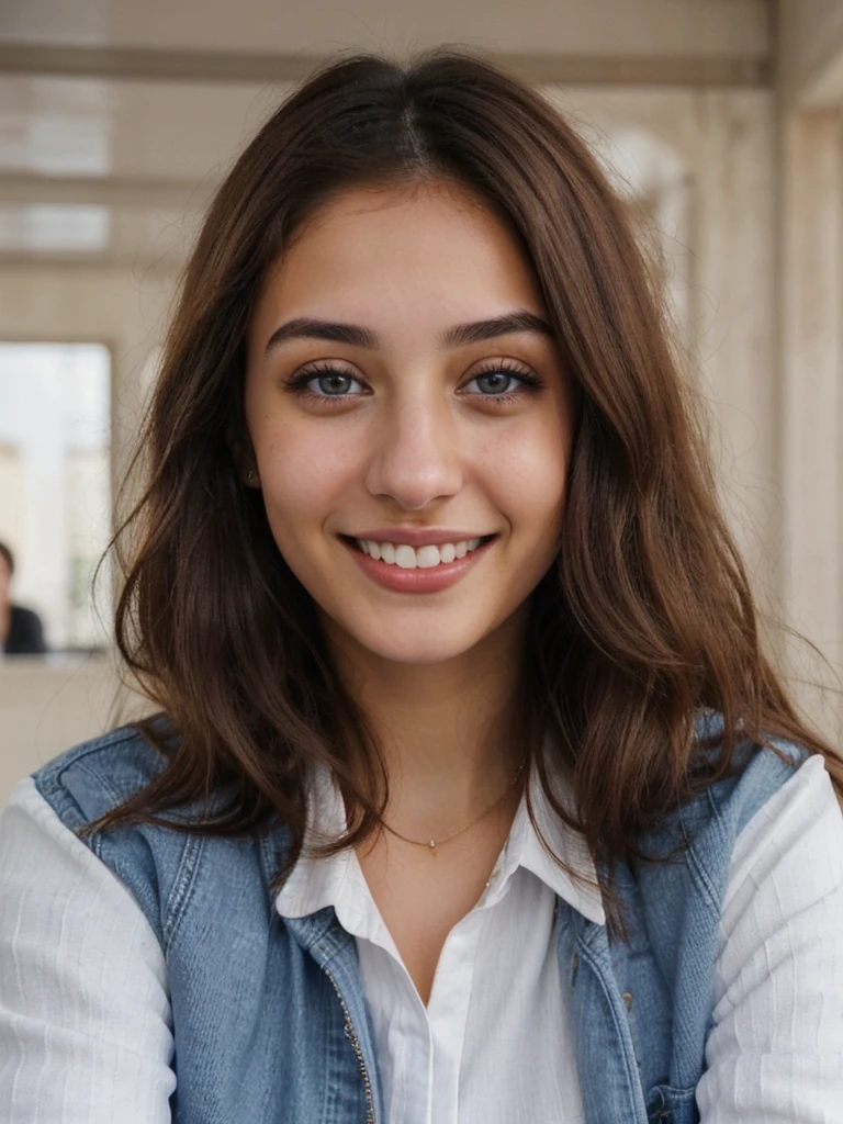 one cute women, 20YO, white, Arab, cute face, realistic brown eyes, blue jacket, brown hair, cute smile, skinny face, white realistic teethes, big eyes, long hair