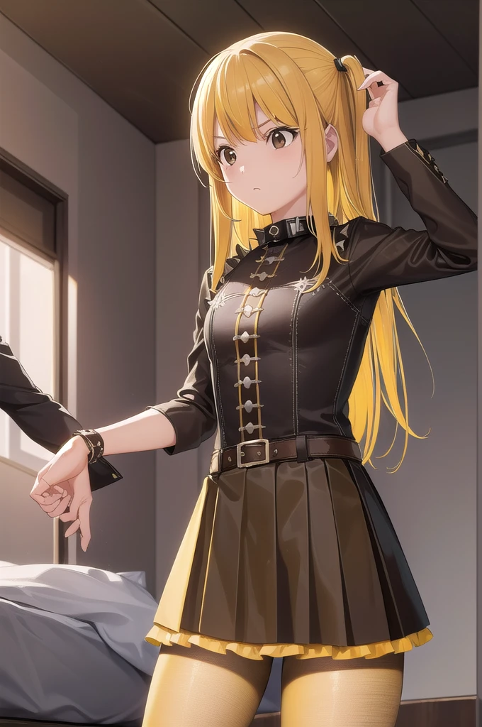 29-year-old、Adult women、Mass Manager, Stop 4, Twin tails, (Brown eyes:1.5), (Yellow Hair:1.5), Side Lock, Long Hair,
break skirt, pantyhose, No sleeve, belt, cross, Frilled Skirt, Gothic, collar, spiked collar,
break indoors, bed,
break looking at viewer, (Cowboy Shot:1.5),
break (masterpiece:1.2), Highest quality, High resolution, unity 8k wallpaper, (figure:0.8), (Beautiful attention to detail:1.6), Highly detailed face, Perfect lighting, Highly detailed CG, (Perfect hands, Perfect Anatomy),