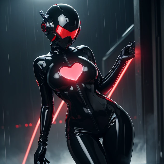 (masterpiece), (best quality), (high res) Solo, (perfect anatomy) Dronificated unknown woman, (fully enclosed black latex fullbody suit), (red lights across the suit), (heart shaped glowing core in the chest), (fully enclosed cyber helmet) that cover her whole face and hides her identity with only two glowing red lines in it's otherwise, empty black face, huge breast, narrow waist, wide hips and thick thighs, fighting in a futuristic city, (rain), (night) no face, no hair, no mouth, no eyes
