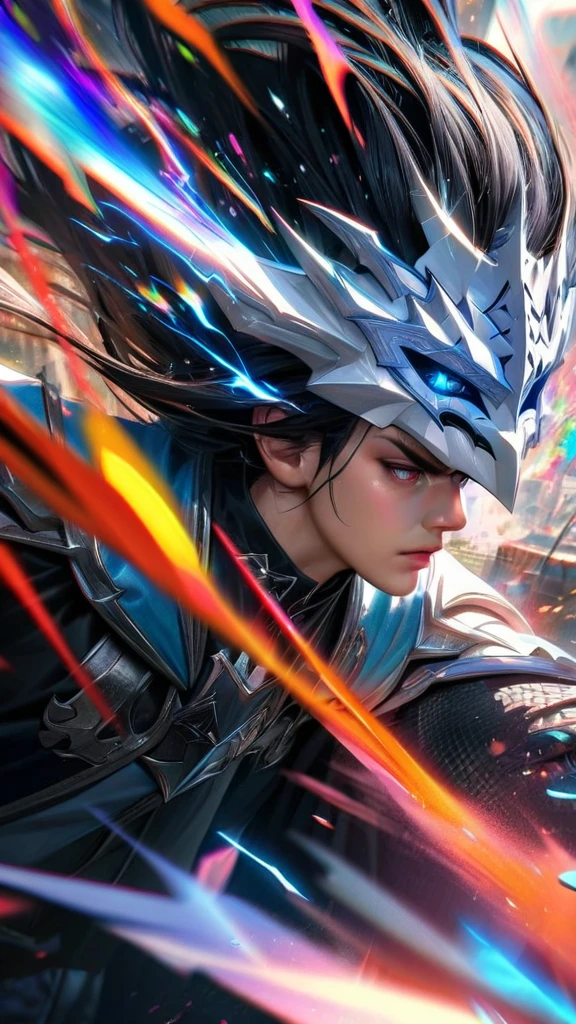 High quality, ultra realistic,absurdres, highres, ultra detailed, HDR, masterpiece, extremely detailed face and eyes,  white dragon knight, dragon knight mask,,colorful Black hair , , solo, ,man, handsome, , , Epic fight scene, colorful splashing effect,colorful lightning  effect,glowing glitters , 