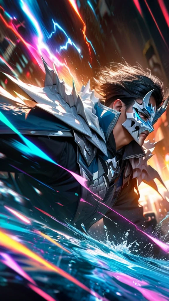 High quality, ultra realistic,absurdres, highres, ultra detailed, HDR, masterpiece, extremely detailed face and eyes, white dragon knight, dragon knight mask,,colorful Black hair , , solo, ,man, handsome, , , Epic fight scene, colorful splashing effect,colorful lightning effect,glowing glitters ,