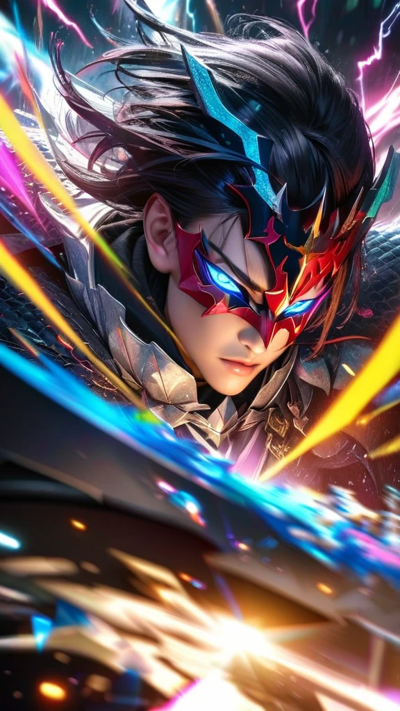 High quality, ultra realistic,absurdres, highres, ultra detailed, HDR, masterpiece, extremely detailed face and eyes, white dragon knight, dragon knight mask,,colorful Black hair , , solo, ,man, handsome, , , Epic fight scene, colorful splashing effect,colorful lightning effect,glowing glitters ,