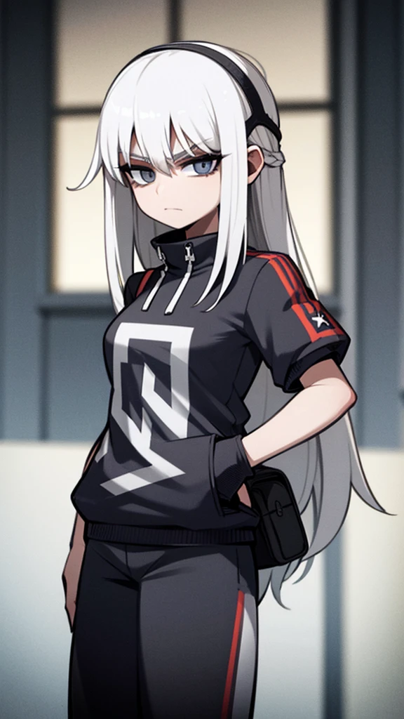 Fullbory, woman with medium-length white hair, serious bright bluish gray eyes, wearing streetwear, with her hands in her pants pocket.