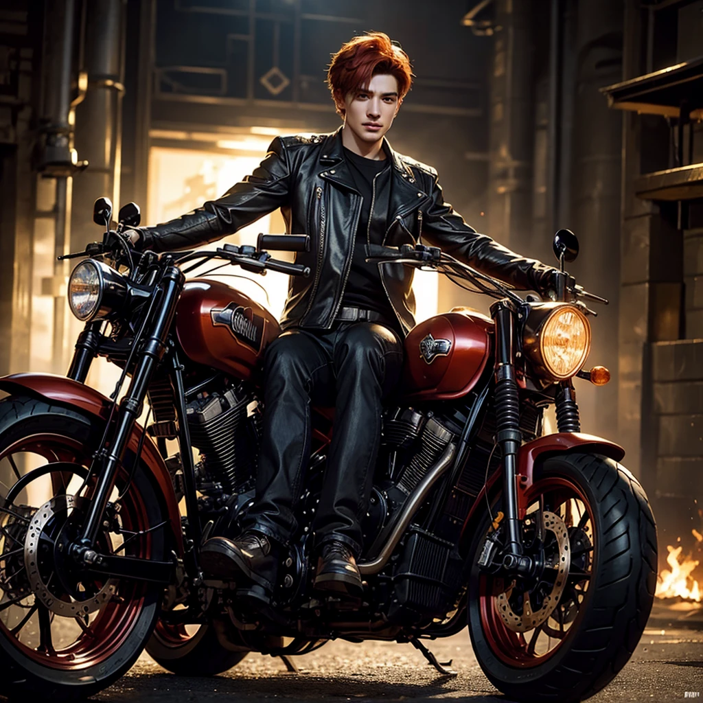 A handsome young man with fiery hair, riding a chopper motorcycle and emitting a sacred flame, set against a dramatic "wall of death" background, highly detailed realistic face with beautiful eyes, long and detailed lips, detailed skin and outfit, detailed motorcycle, dramatic lighting, cinematic composition, 8k, high quality, photorealistic, hyper detailed, vibrant colors, fantasy, mystical, magical realism