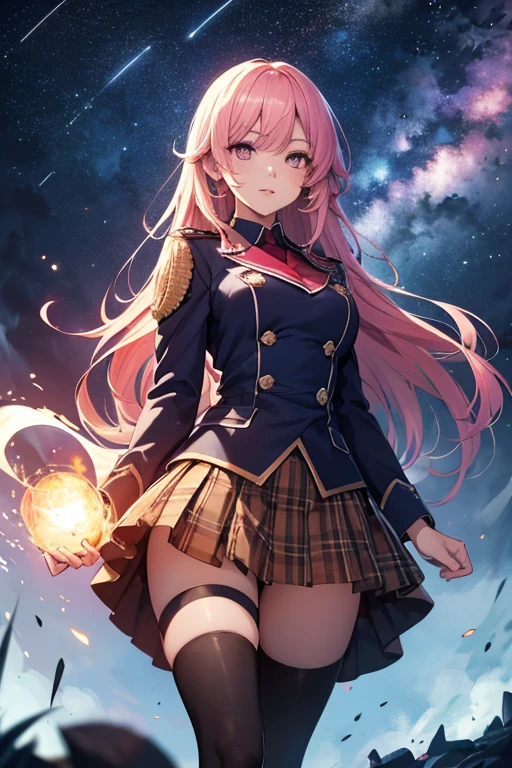 The image is of a beautiful woman wearing a tight fitting uniform. The woman has long flowing pink hair with strands of braided hair tied with red ribbon throughout. She has gorgeous green eyes that shine like emeralds. Her face is youthful and gorgeous. Her breasts are ample and seem too large for her uniform. She is short in height but well developed -a short stack. She blushes as you look at her. She's standing in an autumnal forest. In the distance is a serene body of water. It's night time and a full moon lights the scene. A gentle breeze suspends fallen autumn leaves around her. The wind lifts up her skirt revealing her blue and white striped panties. The image is ultra detailed with gorgeous colors, perfect line work, and detailed shading. The image really portrays the sexiness of the character. YasogamiFemaleWinter, black shirt, long sleeves, black sailor collar, yellow neckerchief, grey skirt, black thighhighs, autumn, serene water, lifted skirt, panty reveal, night time, gentle breeze,