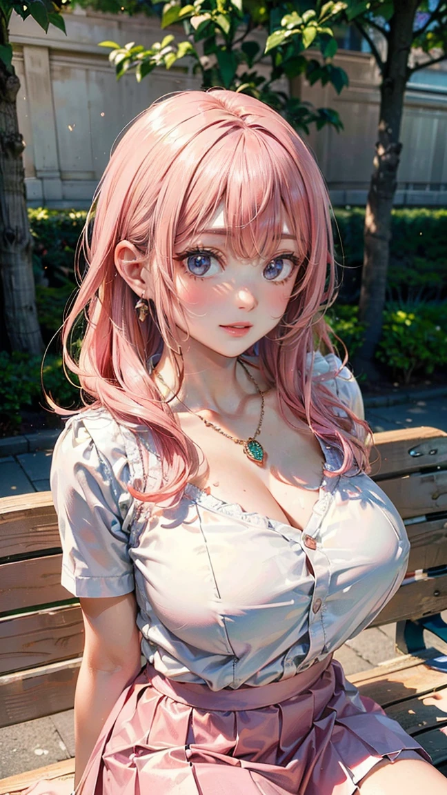 (Masterpiece, BestQuality:1.3), (ultra detailed:1.2), (hyperrealistic:1.3), (RAW photo:1.2), High detail RAW color photo, professional photograph, (Photorealistic:1.4), (realistic:1.4), professional lighting, perfect anatomy, (Big Breasts:1.2), (blush, detailed face), (cheerful Smile:1.5), Trending Hair&Trending Hairカラーをランダムに, earrings, necklace, bracelet, sexy, erotic sexy, Random sexy gravure poses, (Beautiful woman wearing a white blouse and pink skirt。Classical garden background。The expression is a graceful smile。Her hair is long and permed, with pink hair.。Pose sitting on a bench。:1.3)