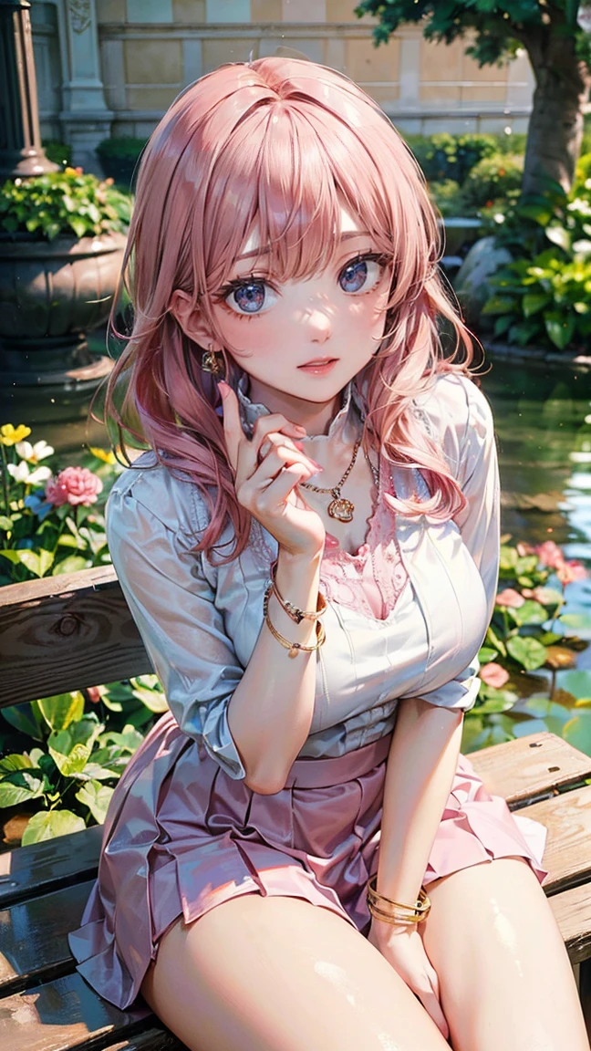 (Masterpiece, BestQuality:1.3), (ultra detailed:1.2), (hyperrealistic:1.3), (RAW photo:1.2), High detail RAW color photo, professional photograph, (Photorealistic:1.4), (realistic:1.4), (Pink Hair:1.5), professional lighting, perfect anatomy, (Big Breasts:1.2), (blush, detailed face), (A happy smile:1.7), sexly, erotic sexly, Random sexy gravure poses, (Beautiful woman wearing a pastel blue lace blouse and mini skirt、A smile blown by the wind on top of a hill、Silver necklace、Sitting on the grass。:1.3)