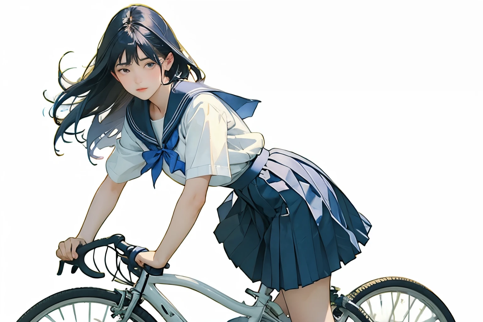 (masterpiece, highest quality:1.2), 1girl, riding a bicycle, foot stab, solo, whole body, semi-long hair, Sailor uniform, (long pleated skirt:1.4), (No background)、White Background、Blwholeur the background、Watercolor of singer Sargent、Impressionist style painting、