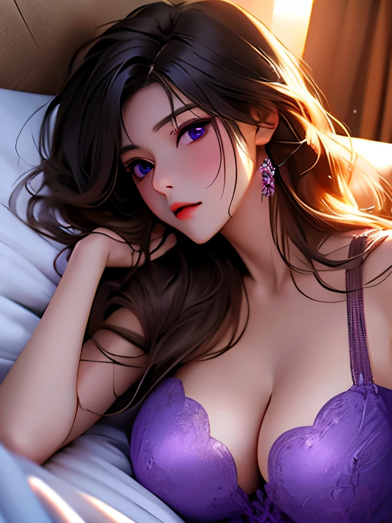 high resolution,Detailed brunette hair, 细致的Purple Eyes, Delicate face, 32K,(best quality, 8K, high resolution, masterpiece:1.2) Huge Breasts,Deep cleavage,A beautiful woman,whole body,Bright Eyes,Purple Eyes,whole body(5.0)Lying in bed(3.0)