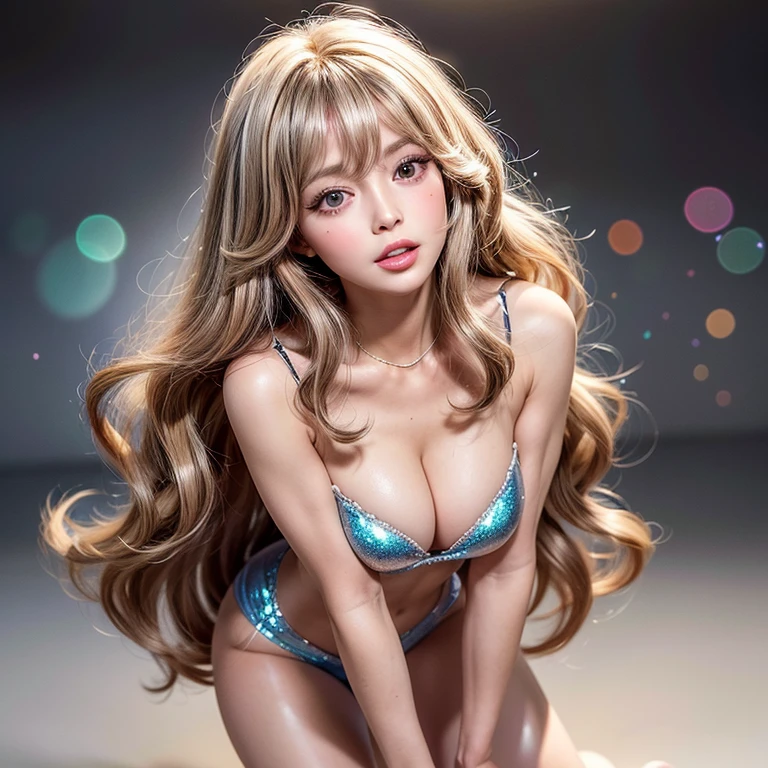 NSFW, 8k, High-level, absurd, masterpiece, best quality, primitive, very detailed CG, very detailed wallpaper, perfect lighting, Extremely detailed (((The personifying " Farrah Fawcett Majors " as a ))), MysticSight, Tyndall effect, Tyndall scattering, (Studio gray background with (Overflowing oodles Dazzling RainbowColorParticles (BokeH))), (RoundlyButts, ThighGap), (Exposed:0.4), (Assfocus with looking ahead), BREAK (NOGIZAKA face variations) Extremely Detailed very KAWAII face variations, perfect anatomy, Childish, captivating gaze, elaborate detailed Eyes with (sparkling highlights:1.28), long eyelashes、Glossy RED Lips with beautiful details, Coquettish tongue, Rosy cheeks, Radiant PearlSkin with clear transparency . { (Dynamic LifeLike expressions:1.4) | :d) }, (large eyes:-1) .