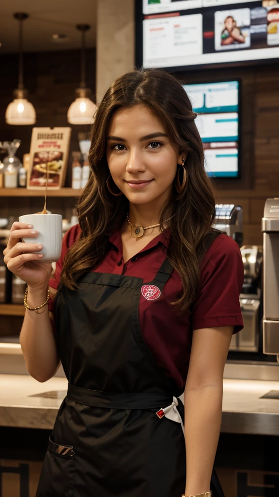 Works of masters，Ultra-high resolution，8K resolution，depth of fields，Exquisite facial features，Glowing skin，man，solo person，Barista，Watery eyes，Glowing eyes，ssmile，long whitr hair，A brown-haired，Wave head，heart-shaped hair ornament，Bracelet，Collar，hoop earings，Workplace uniforms，aprons，Fast food uniforms，Facing the viewer，Holding a mug，coffeehouse，Cinematic lighting