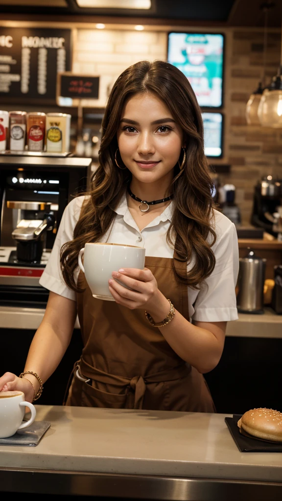 Works of masters，Ultra-high resolution，8K resolution，depth of fields，Exquisite facial features，Glowing skin，man，solo person，Barista，Watery eyes，Glowing eyes，ssmile，long whitr hair，A brown-haired，Wave head，heart-shaped hair ornament，Bracelet，Collar，hoop earings，Workplace uniforms，aprons，Fast food uniforms，Facing the viewer，Holding a mug，coffeehouse，Cinematic lighting