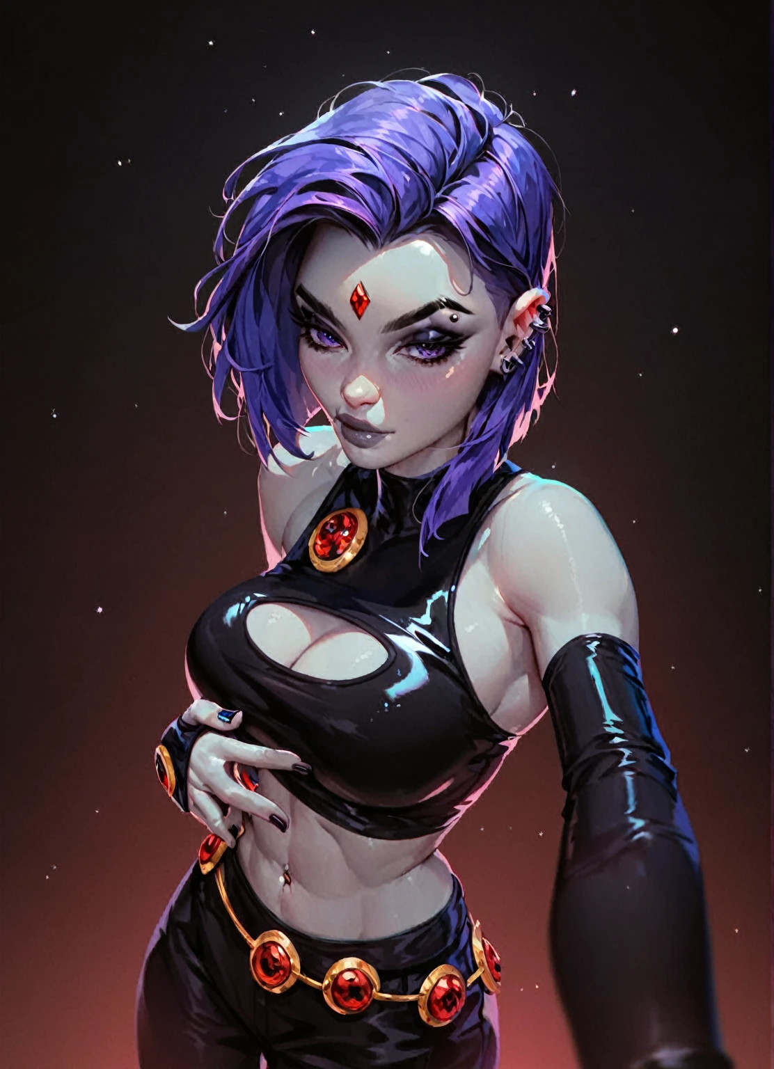 score_9, score_8_up, score_7_up, score_6_up, score_5_up, score_4_up, score_9, medium shot, torso shot, portrait of seductive voluptuous Goth raven form teen titans, perfect breasts, perfect hands, perfect fingers, rating_safe