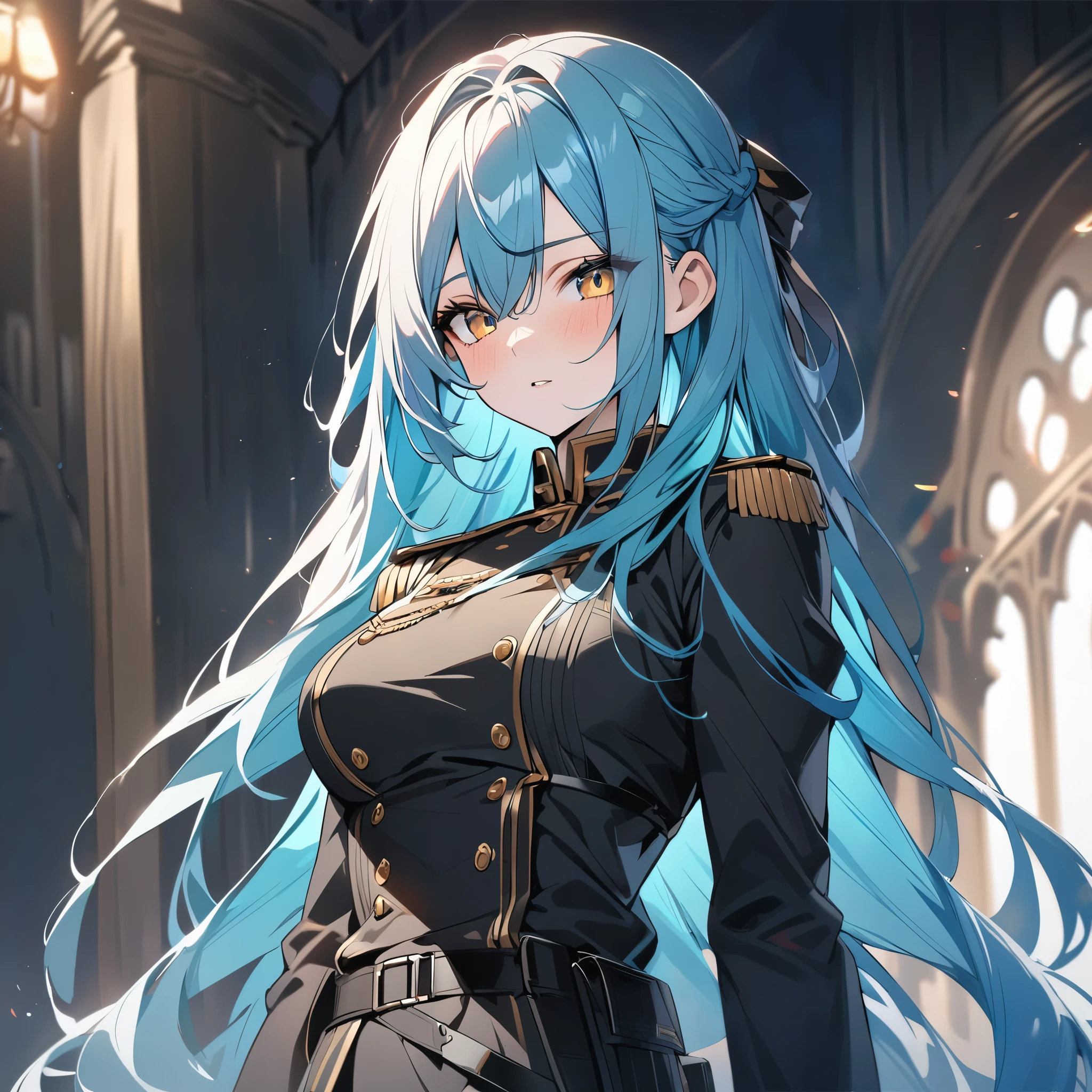 High quality, HD, 4k, Beautiful girl, cyan hair, long hair, gold eyes, medium breast, black military uniform