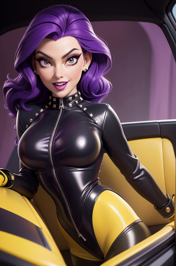 obra prima, melhor qualidade, (emma peel vamp 70yo face wrinkles) head back, sassy wicked girl, big toothy smile, open mouth, (shiny purple lipstick,) thick smoky black eye shadow, long fake eyelashes, raven black mullet hair, ((totally yellow leather spy girl suit,)) with studs zippers snaps, shiny leather gloves, body is skinny, reclining in car seat, dazzle pose, pinup pose, exaggerated selfie pose, camera view of the back of her body, looking down at me, shallow depth of field, highres, HD, 8k, anatomically correct