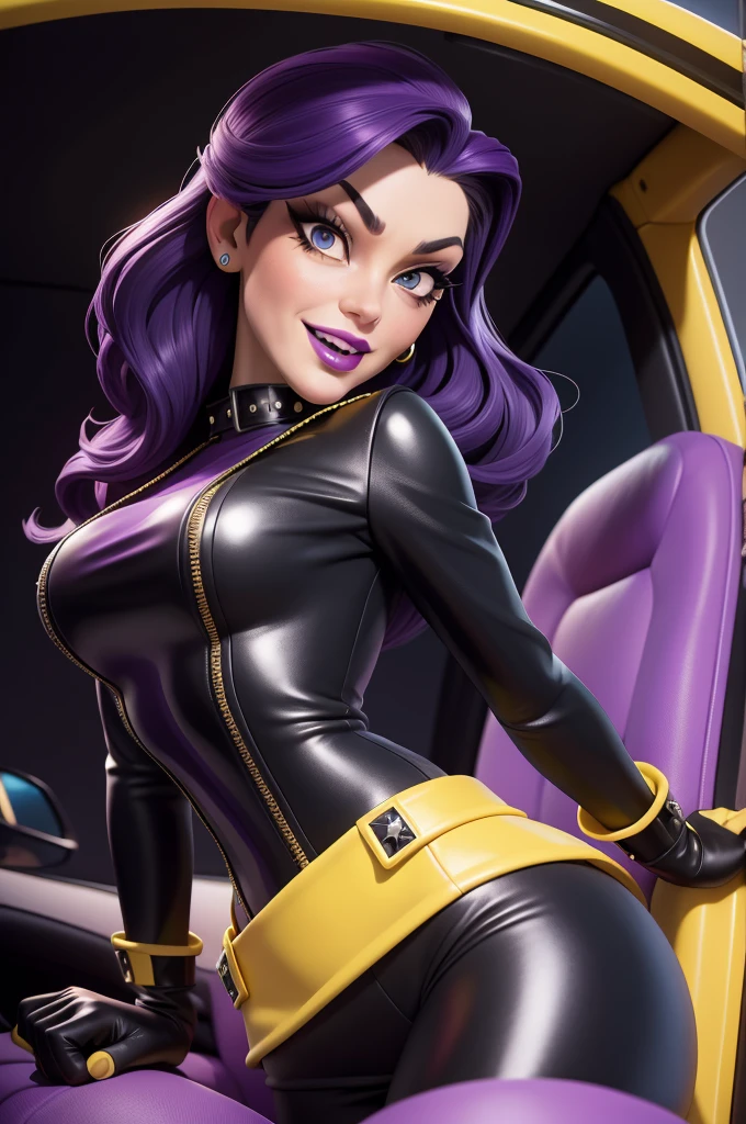 obra prima, melhor qualidade, (emma peel vamp 70yo face wrinkles) head back, sassy wicked girl, big toothy smile, open mouth, (shiny purple lipstick,) thick smoky black eye shadow, long fake eyelashes, raven black mullet hair, ((totally yellow leather spy girl suit,)) with studs zippers snaps, shiny leather gloves, body is skinny, reclining in car seat, dazzle pose, pinup pose, exaggerated selfie pose, camera view of the back of her body, looking down at me, shallow depth of field, highres, HD, 8k, anatomically correct