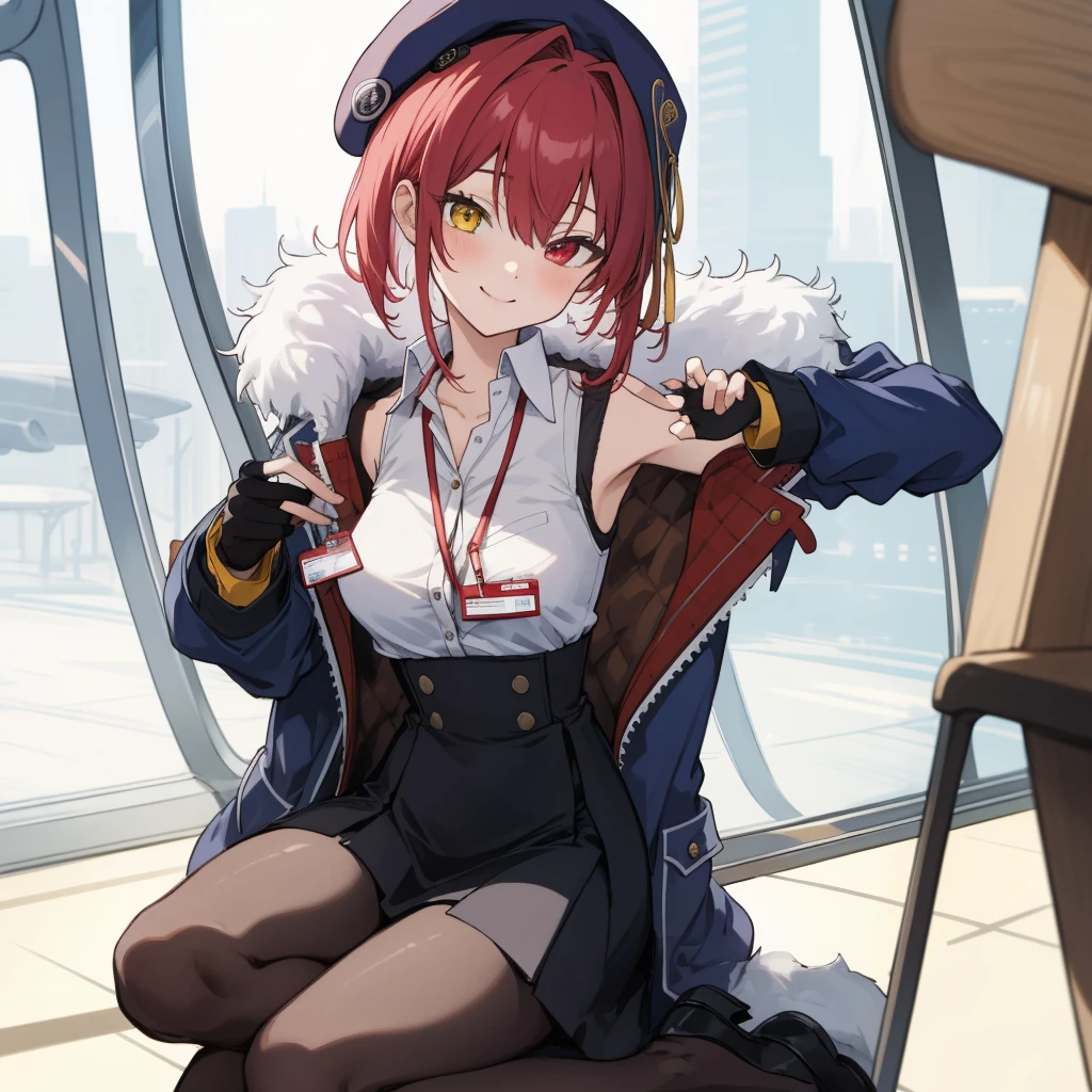 2d, masterpiece, best quality, anime, highly detailed, full body, 1girl, solo, marine_beret, collared shirt, sleeveless, high-waist skirt, pantyhose, blue jacket, fur trim, fingerless gloves, id card, heterochromia, red eyes, yellow eyes, BREAK airplane interior, sitting, seductive smile, partially unbuttoned