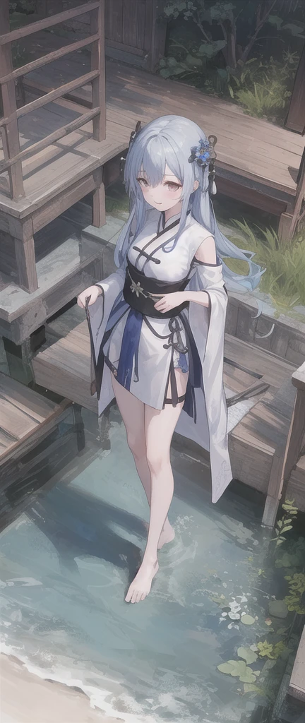 ((4k,masterpiece,best quality)), shuimobysim, traditional chinese ink painting, lotus,  hanfu, maxiskit, dress conservatively
1girl, solo, long blue hair, smile, standing, feet in the water, barefoot,
 