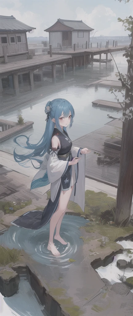 ((4k,masterpiece,best quality)), shuimobysim, traditional chinese ink painting, lotus,  hanfu, maxiskit, dress conservatively
1girl, solo, long blue hair, smile, standing, feet in the water, barefoot,
 