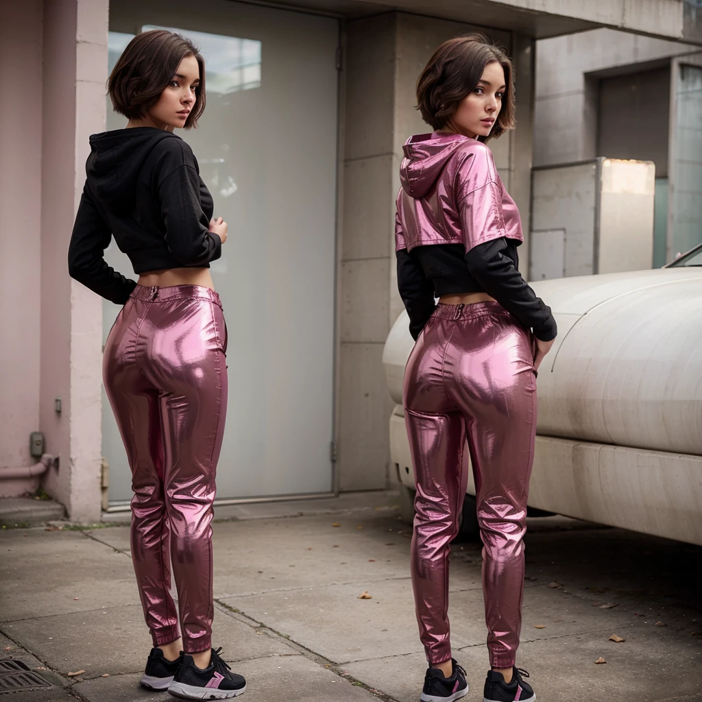 Short brown haired girl in black hoodie, tight pink shiny rubber pants with back pockets, rear view, hands on hips