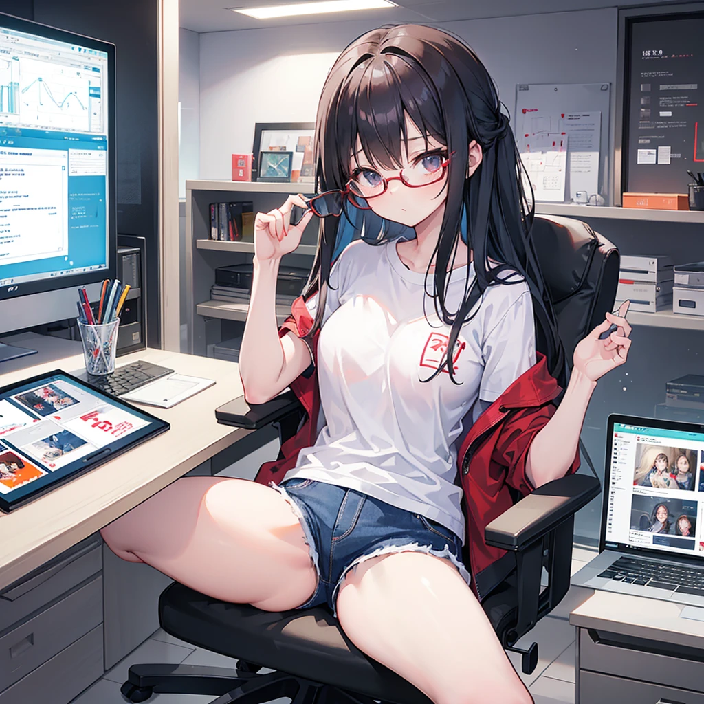 A cute girl with long hair and glasses is sitting at her desk in front of the computer, wearing a white t-shirt and red shorts. The background features multiple monitors displaying office software, adding to an atmosphere of work. The character design is in the style of an anime artist.