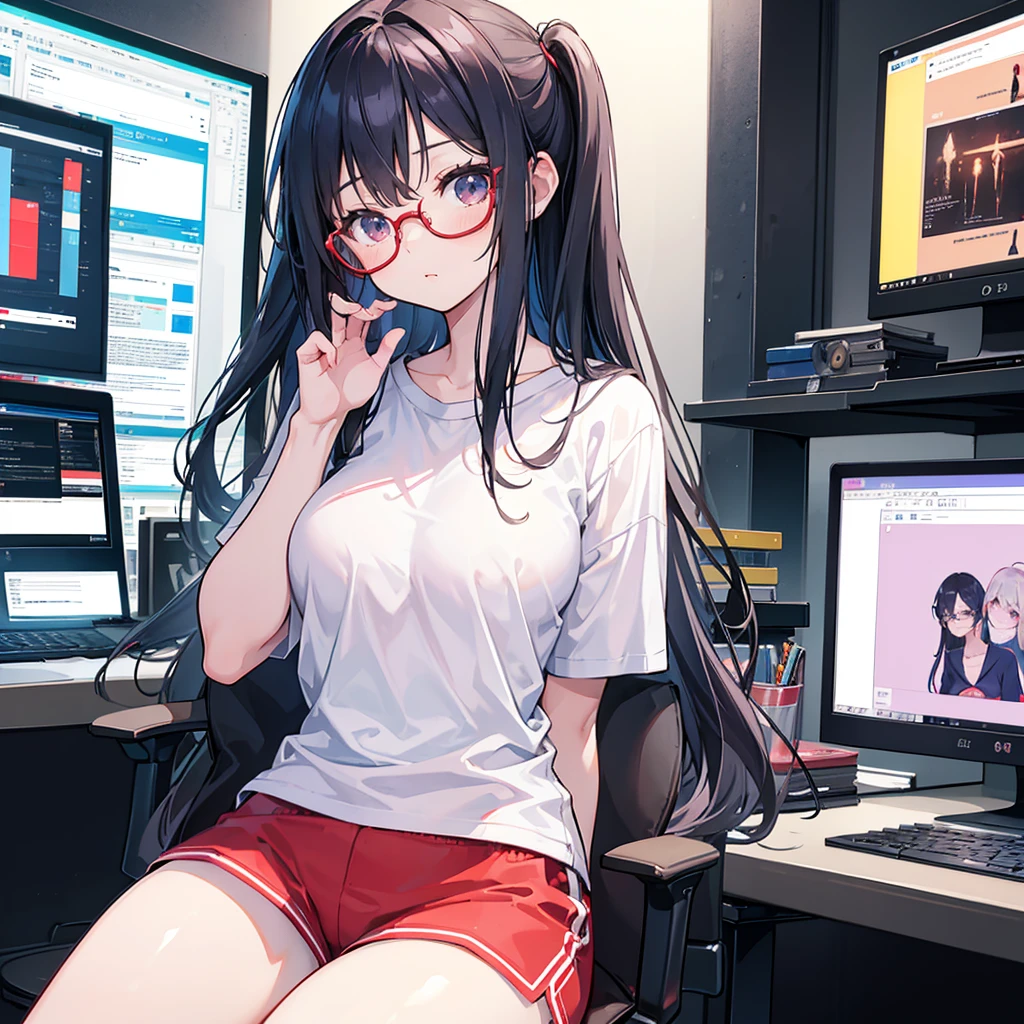 A cute girl with long hair and glasses is sitting at her desk in front of the computer, wearing a white t-shirt and red shorts. The background features multiple monitors displaying office software, adding to an atmosphere of work. The character design is in the style of an anime artist.