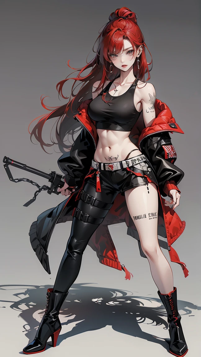 Highest quality、masterpiece、8k、Realistic、超High resolution、Very delicate and beautiful、High resolution、Muscle Girl、Perfect female body、Beautiful woman、Mature Woman、Red hair、long hair、Six Pack、One tattoo、Earrings、Toned body、big 、Black military uniform、Tank top、I can see your belly、Luxurious clothing、boots、cigarette、Wild Pose、Full body emphasis、Simple Background