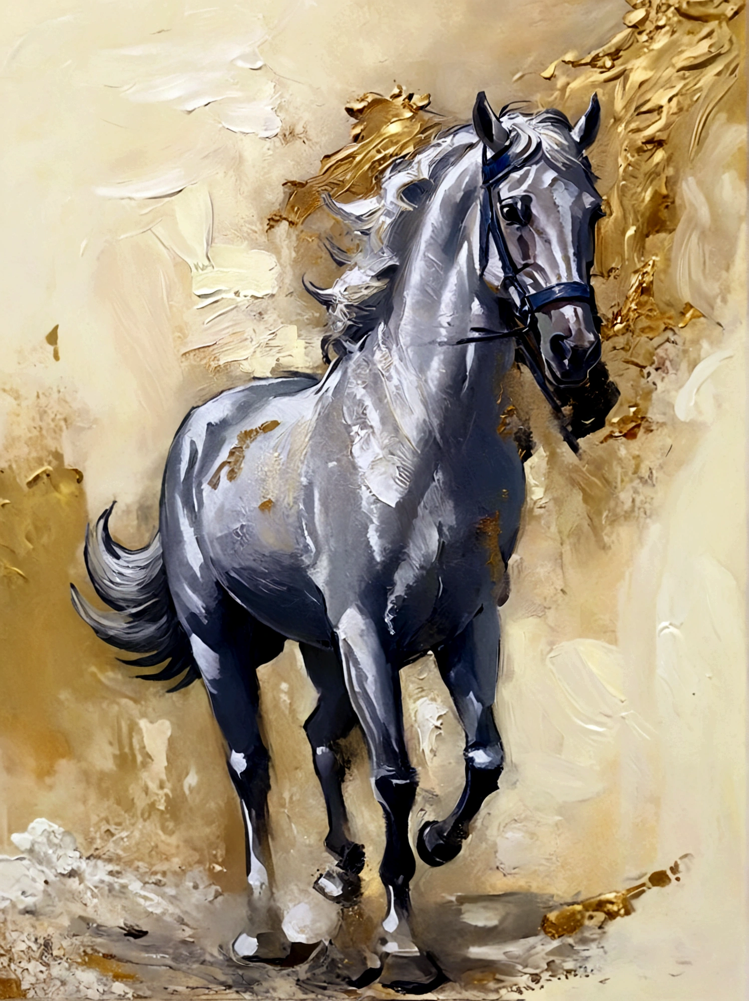 A running white horse,Color portrait,vanilla,bright,Golden background,real,emotion,Thick textured paint,